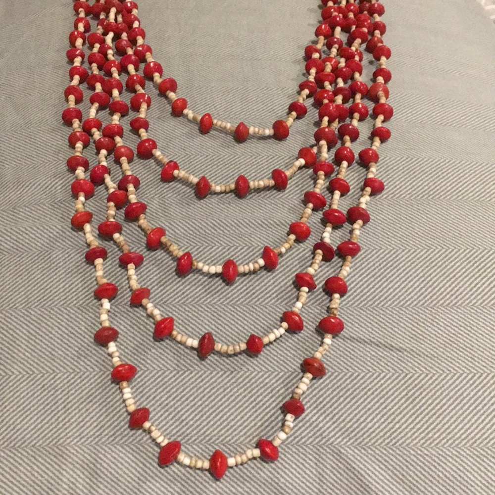 Beaded necklace- red and cream/tan beads